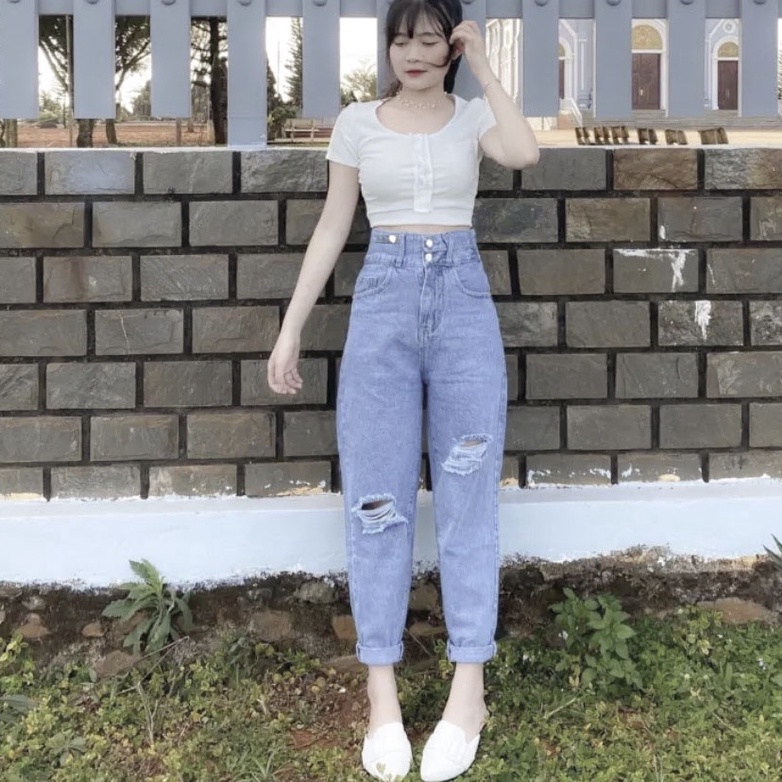 Quần baggy jean nữ cạp cao 2 nút rách 2 bên gối  4 size S M L XL hót trean Thuydieushop m1
