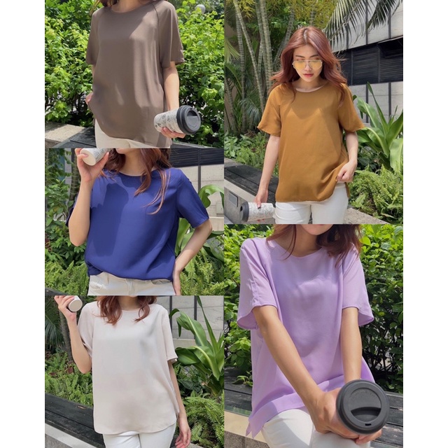 Áo phông nữ tay lỡ ET.TEE vải voan sạn mỏng màu nâu, be, tím, đen, vàng, xanh đủ size A1908