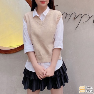 Áo gile len màu be cổ tim 2hand