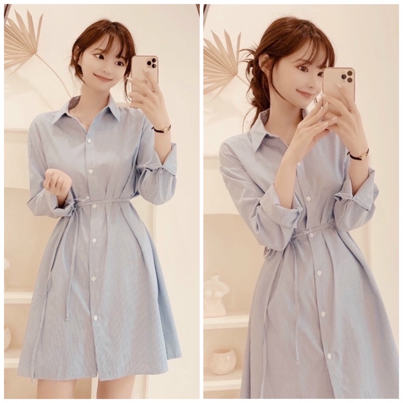 Đầm sơ mi xoè sọc đen (kèm hình thật)