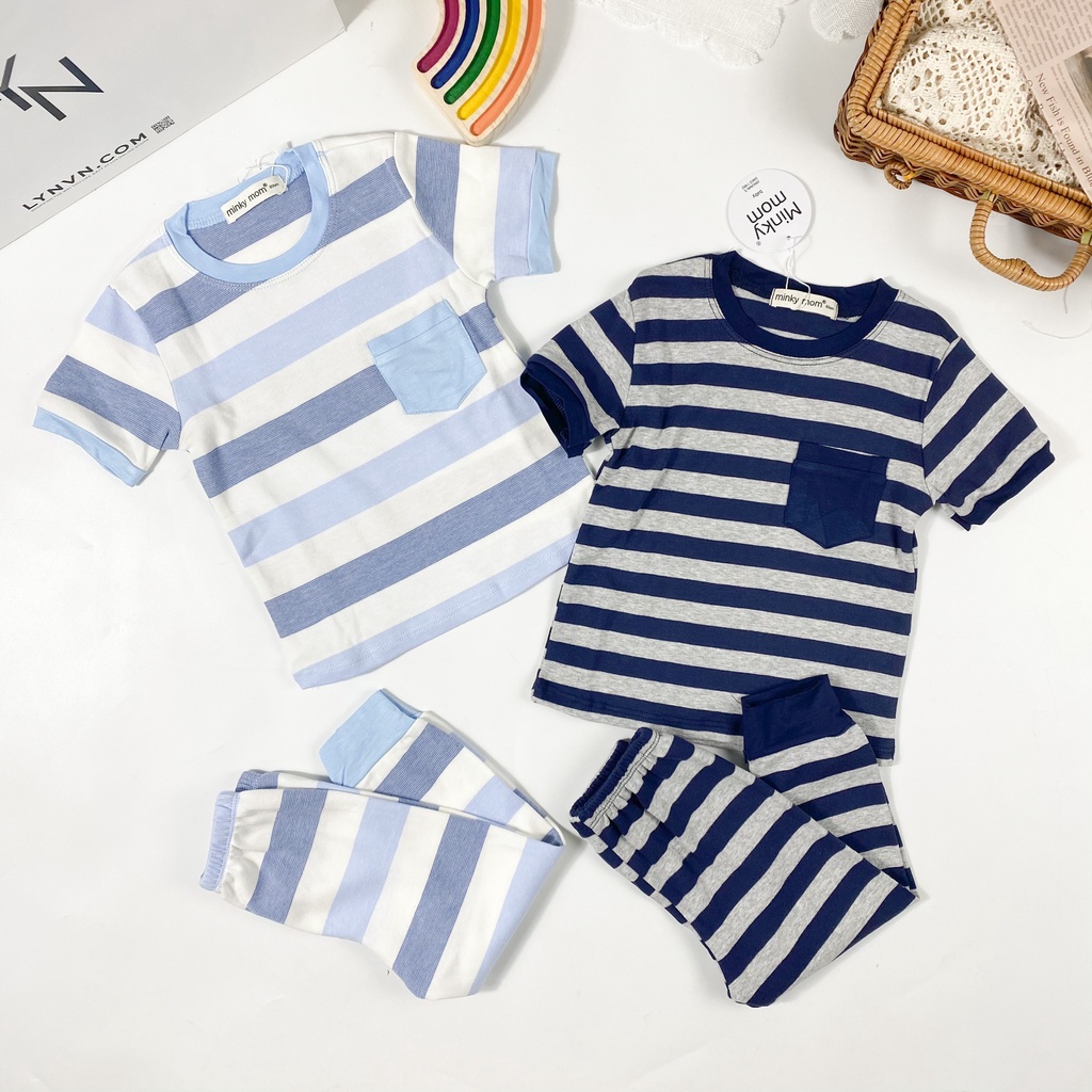 [SALE] Bộ Quần Áo Bé Gái, Bé Trai Minky Mom Vải Sọc Dệt Túi Ngực Viền Cổ, Bộ Dài Tay Cho Bé Mặc Thu Đông MKMTD2176