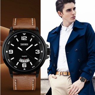 Đồng hồ nam dây da Skmei 9115 mặt màu đen