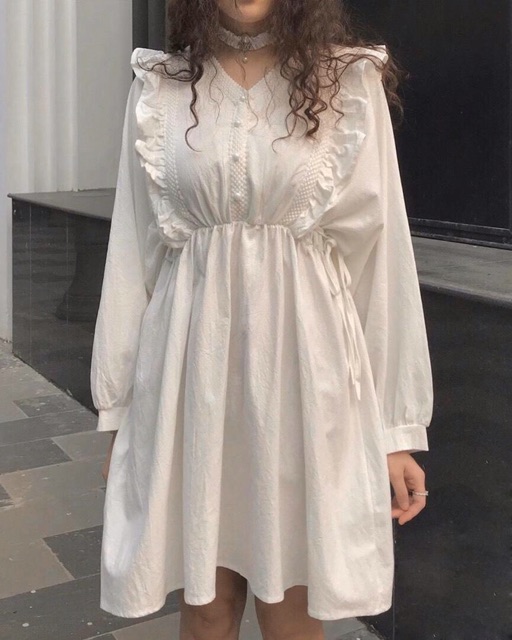 Đầm Babydoll Trắng Cổ Viền Ren Tay Phồng - Freesize | BigBuy360 - bigbuy360.vn