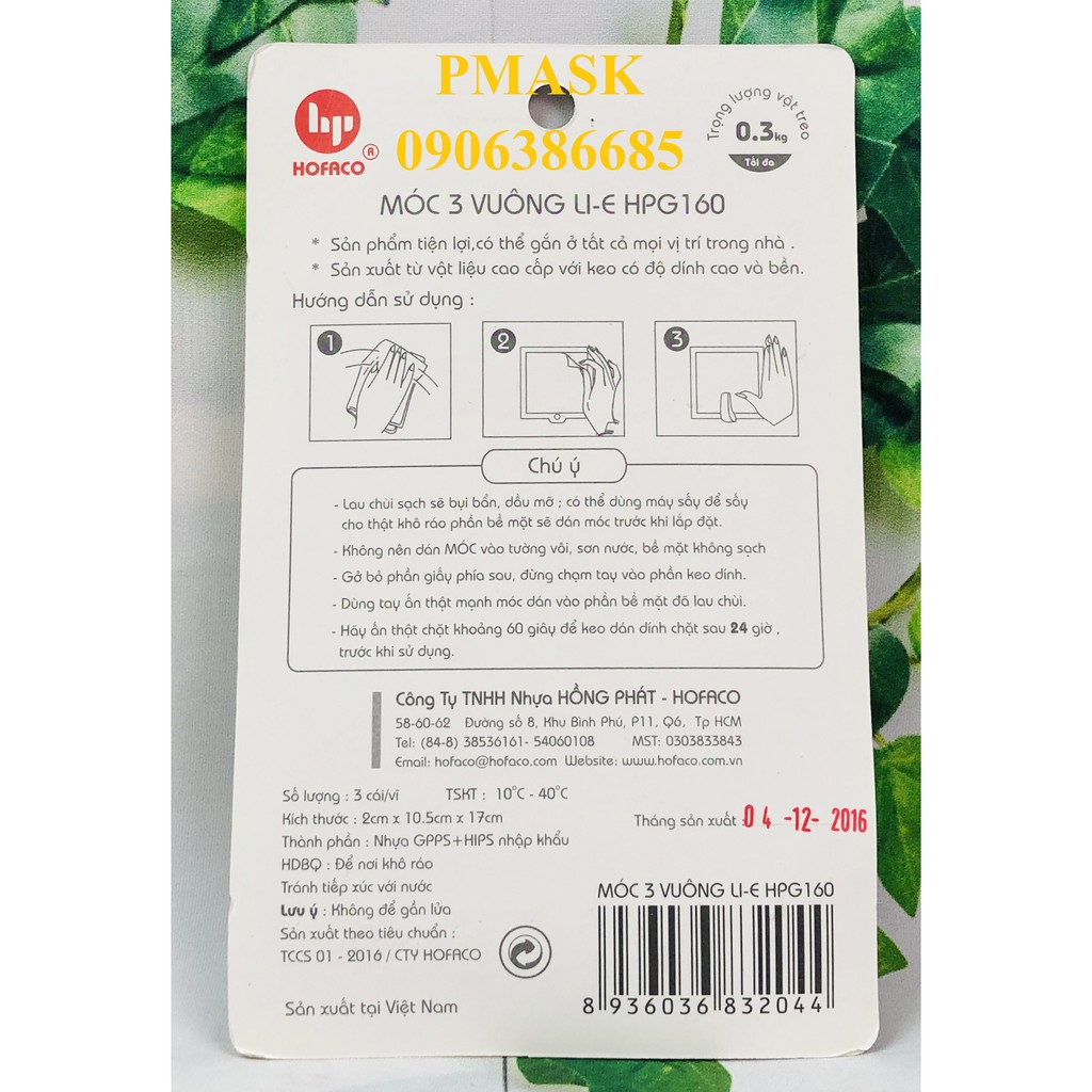 Móc 3 vuông li-e HPG160 – Móc dán dính tường bằng nhựa Hồng Phát cao cấp – Móc dán trang trí phòng tiện lợi, dễ sử dụng