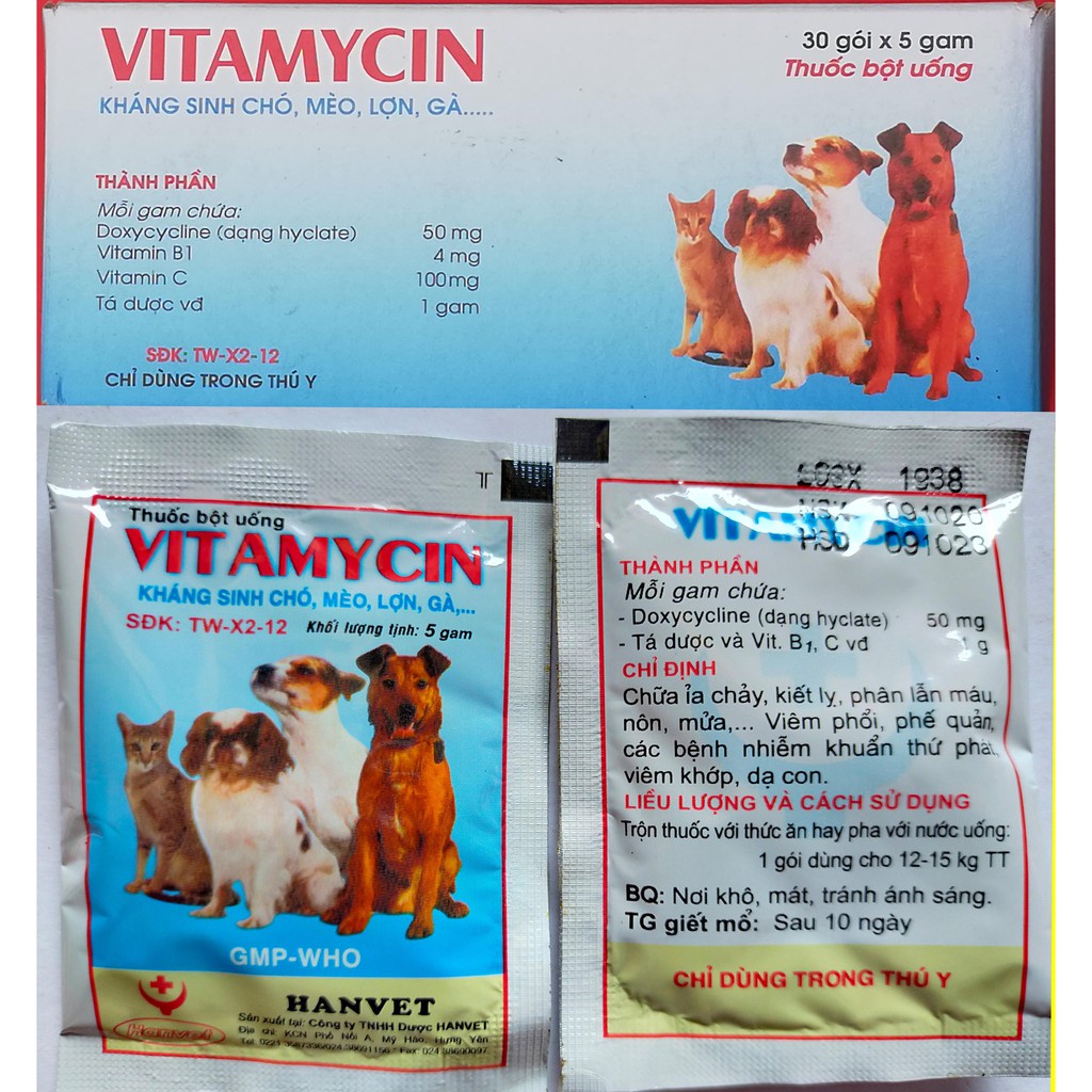 Vitamycin gói 5gr Kháng sinh tiêu chảy chó mèo - đi ỉa thú cưng kiết lị chó dạng uống