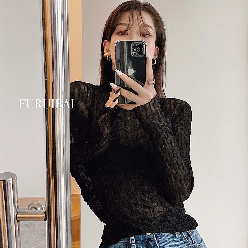 QADCOL  Áo Thun Tay Dài Ôm Dáng Phối Ren Phong Cách Phương Tây Gợi Cảm Hàng Mới