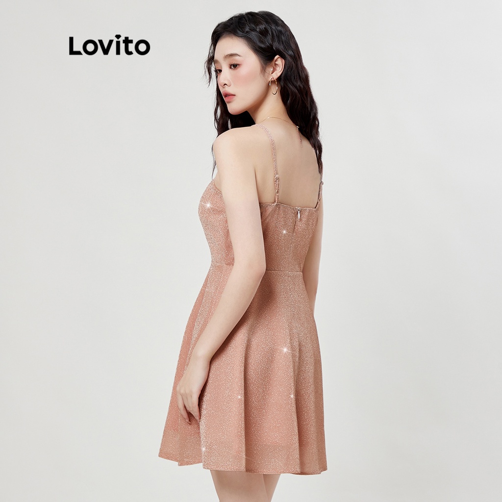 Váy Lovito trơn trơn trơn long lanh Spaghetti dây đeo A Line Women Dress L33ED025 (Champagne)