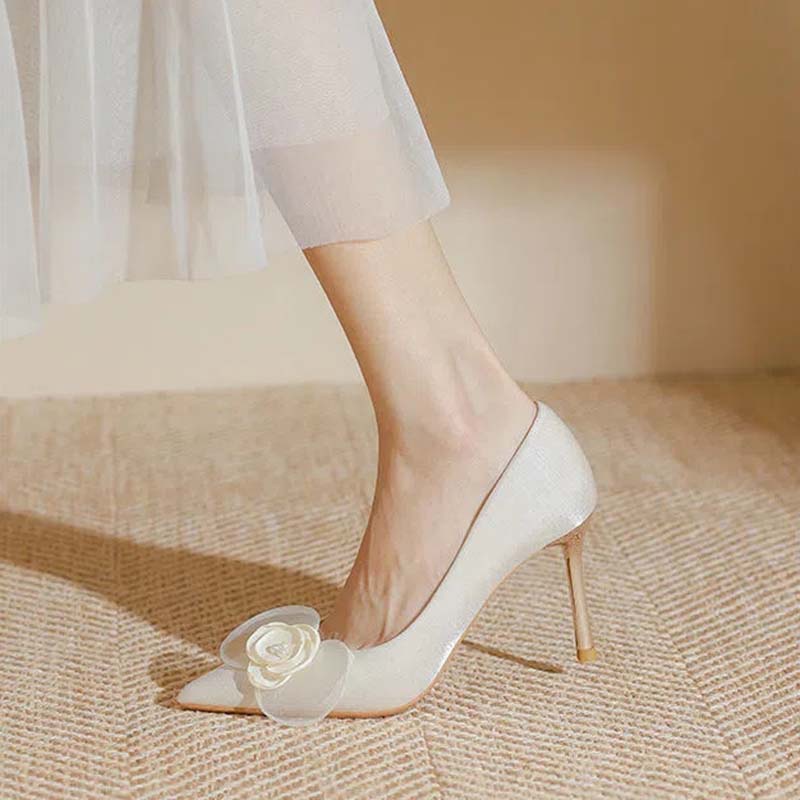 Giày Cao Gót Mũi Nhọn Đính Hoa Trắng Thời Trang Pháp Cho Nữ
