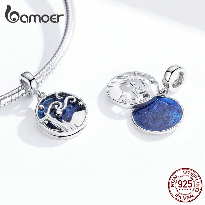 BAMOER Mặt Vòng cổ/Vòng Tay Bằng Bạc 925 Họa Tiết Bầu Trời Đầy Sao Màu Xanh Dương SCC1389 Cho Nữ