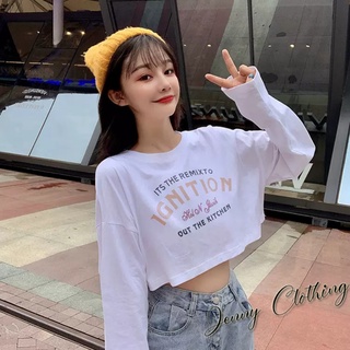 Áo croptop nữ tay dài form rộng vải thun thấm mồ hôi kiểu dáng hàn quốc basic màu đen trắng xanh in hình chữ mặc đẹp