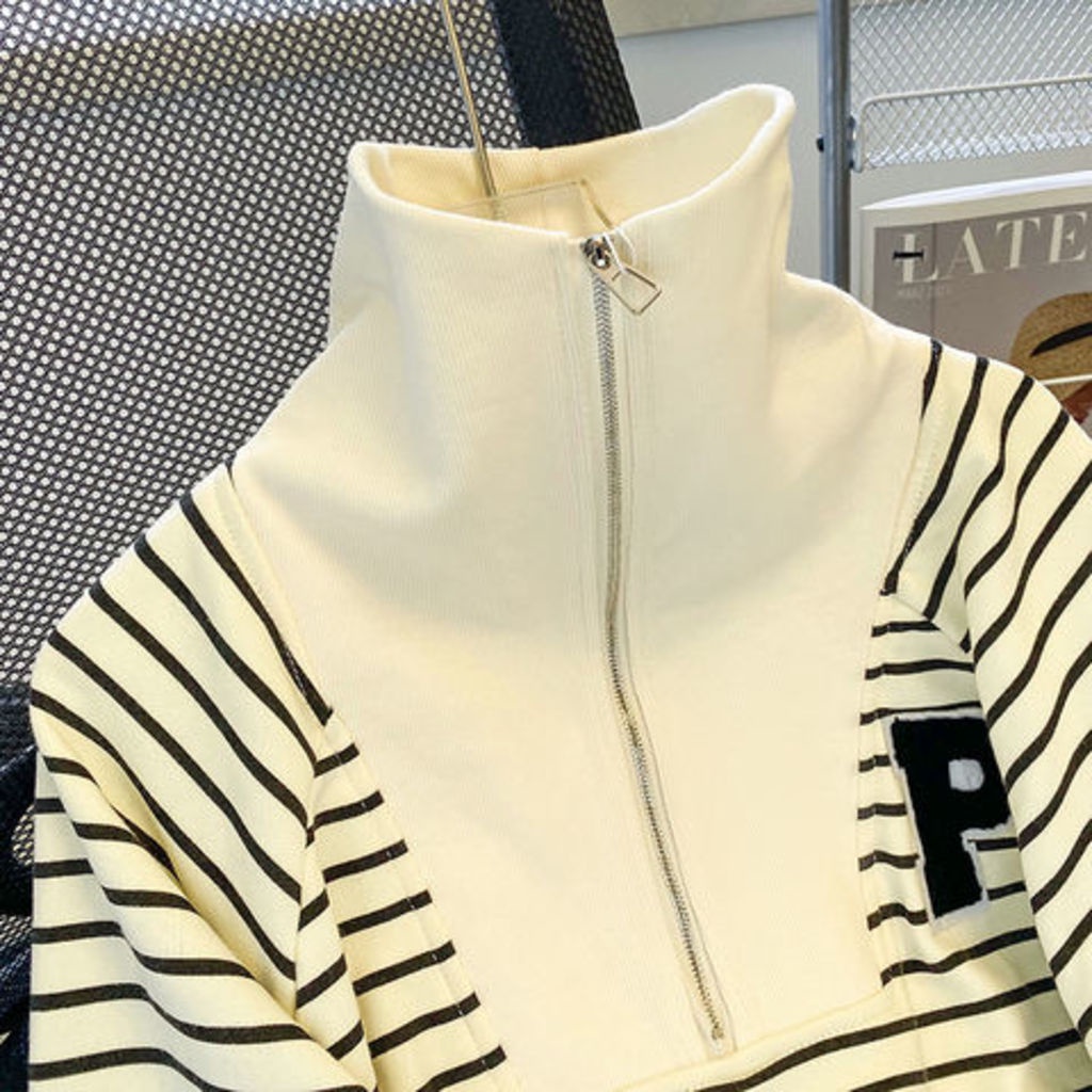 Áo Khoác Cổ Đứng Dáng Rộng Họa Tiết Kẻ Sọc Có Khóa Kéo Phong Cách Hàn Quốc Thời Trang Mùa Thu Cho Nữ