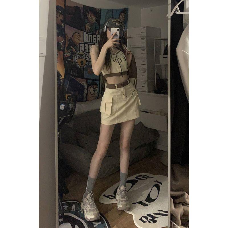 Bộ Đồng Phục Ba Món Áo Khoác Bóng Chày + Áo Sát Nách + Chân Váy Lưng Cao Thời Trang Mùa Thu Cho Nữ