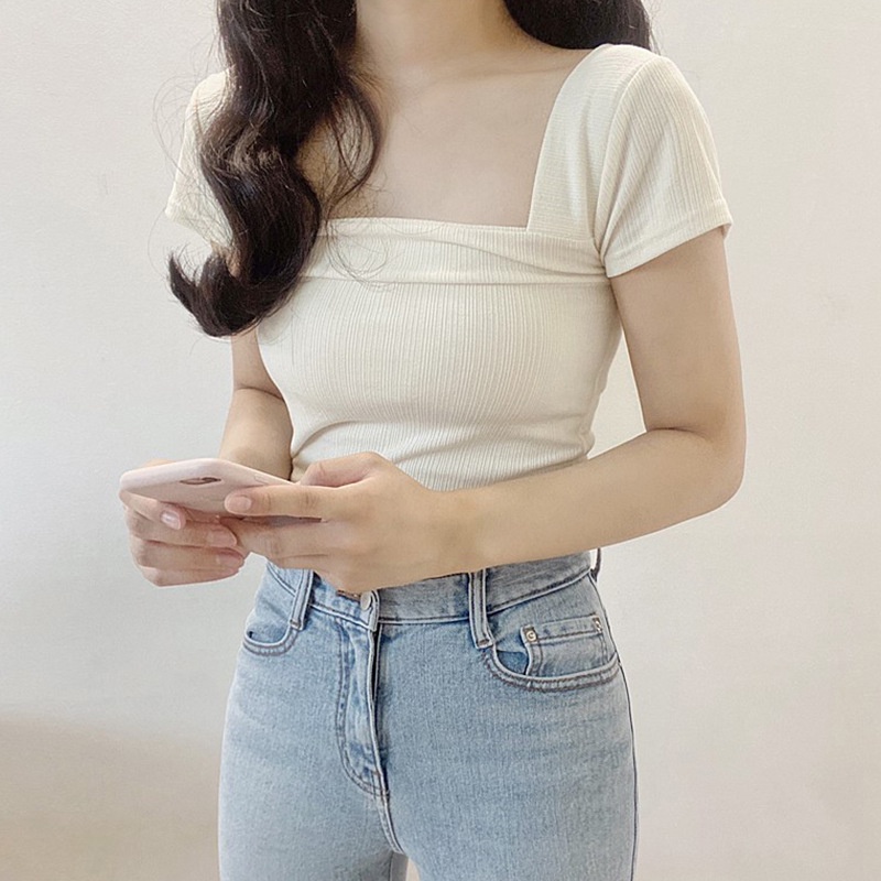 Áo Thun Cotton Cổ Vuông Màu Trơn Thời Trang Mùa Hè Cho Nữ