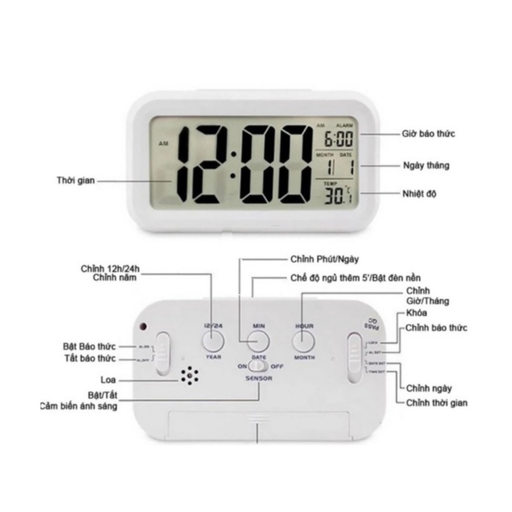 Đồng hồ để bàn báo thức điện tử đa chức năng cảm biến đèn nền ban đêm, nhiệt độ, thời gian, lịch, báo thức màn LCD C1019