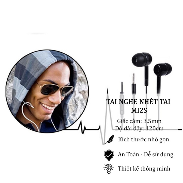 Tai nghe nhét tai in ear Mi2S có nút cao su kèm mic nghe gọi cho điện thoại xiaomi