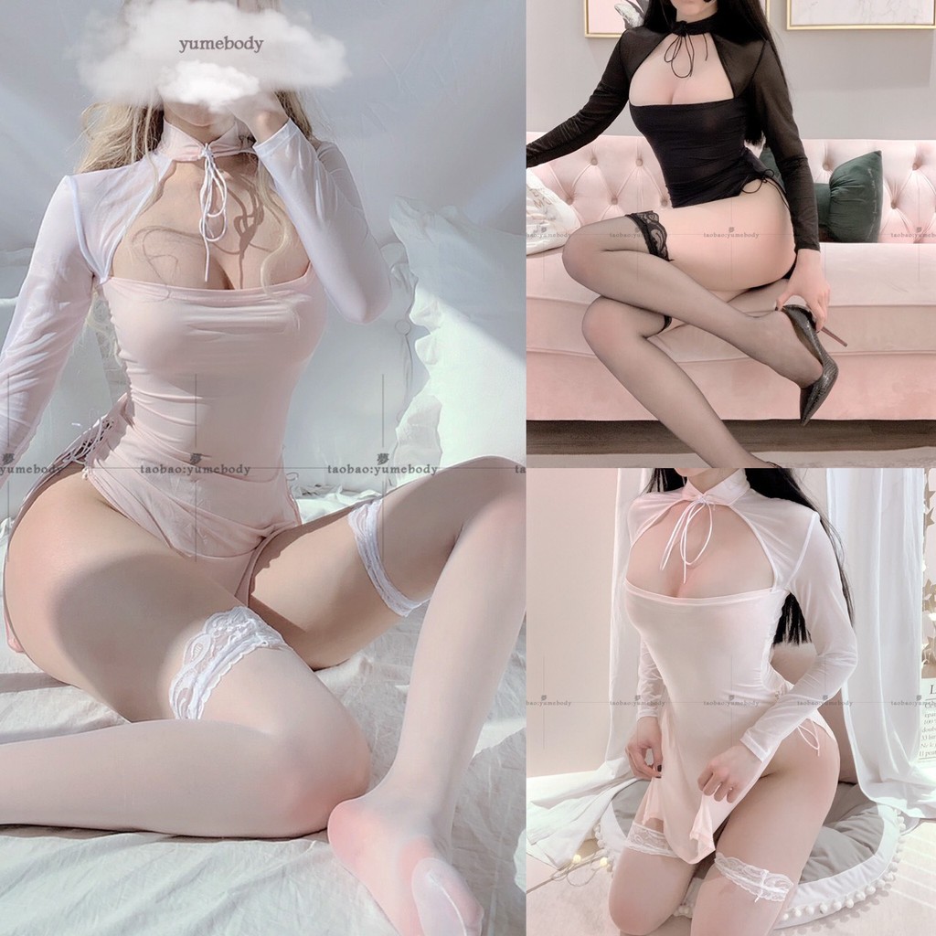 Váy ngủ sườn xám 💝 Free ship 💝 dài tay xẻ đùi sexy