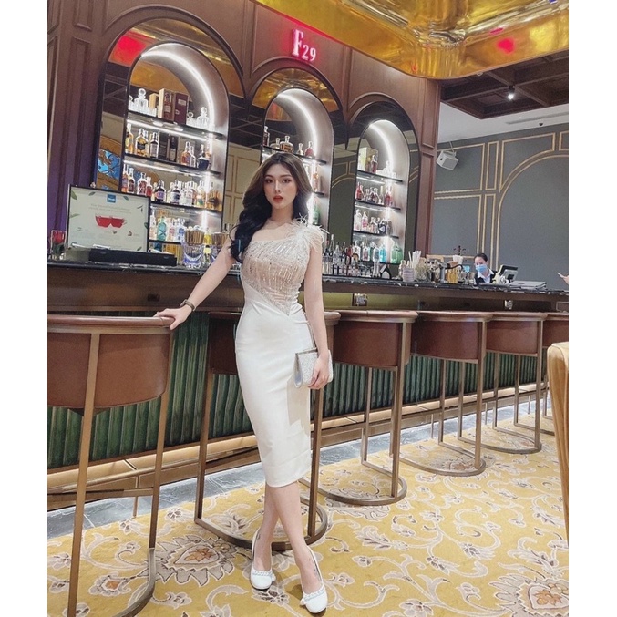 Đầm body lệch vai phối lông kết cườm TRIPBLE T DRESS - size S/M/L - MS347V