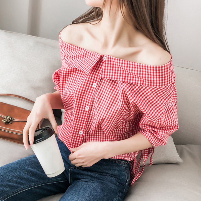 Áo sơ mi dáng rộng họa tiết in caro cài nút đơn cổ búp bê cho nữ