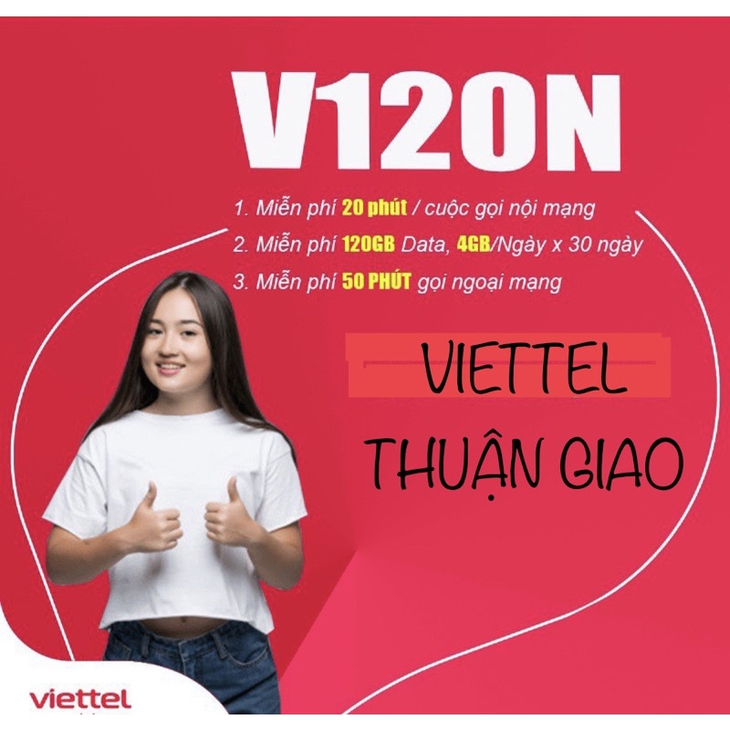 {FREE 30 NGÀY} Sim 4G Viettel Gói V120N (V130Z) 120GB/Tháng (Ngày 4GB) Miễn phí gọi nội mạng, ngoại mạng 50 phút