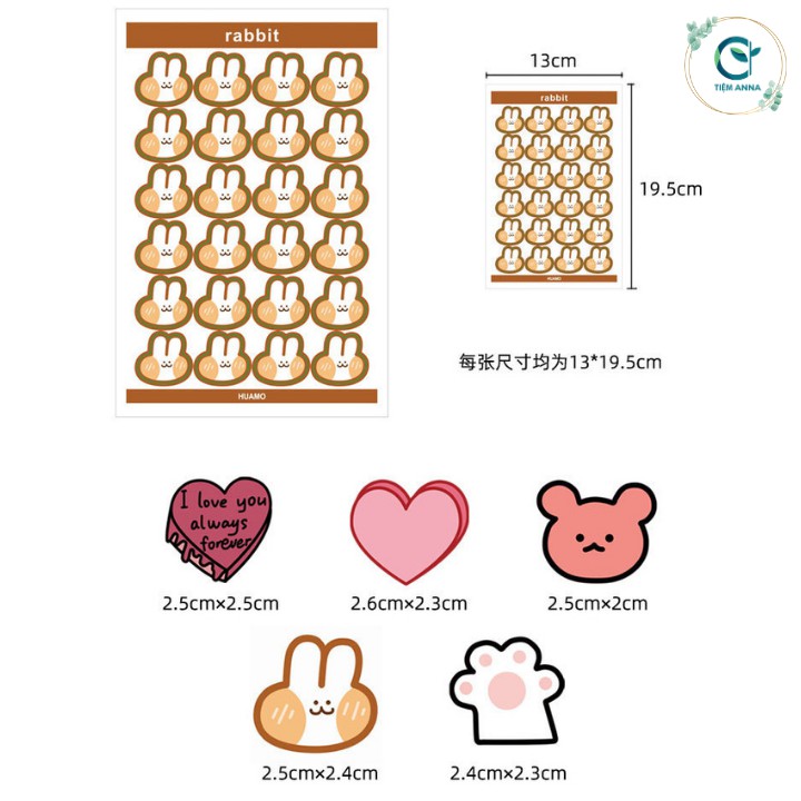 Sticker dán trang trí sổ tập dễ thương hình trái tim, thỏ, gấu, chân mèo