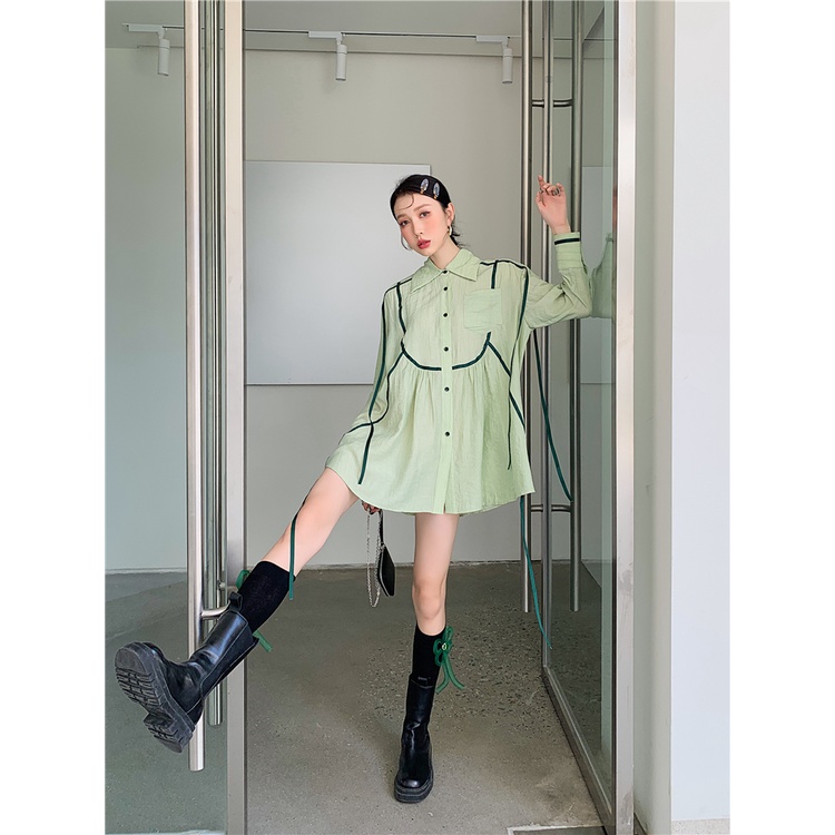 French Green Long Sleeve Dress