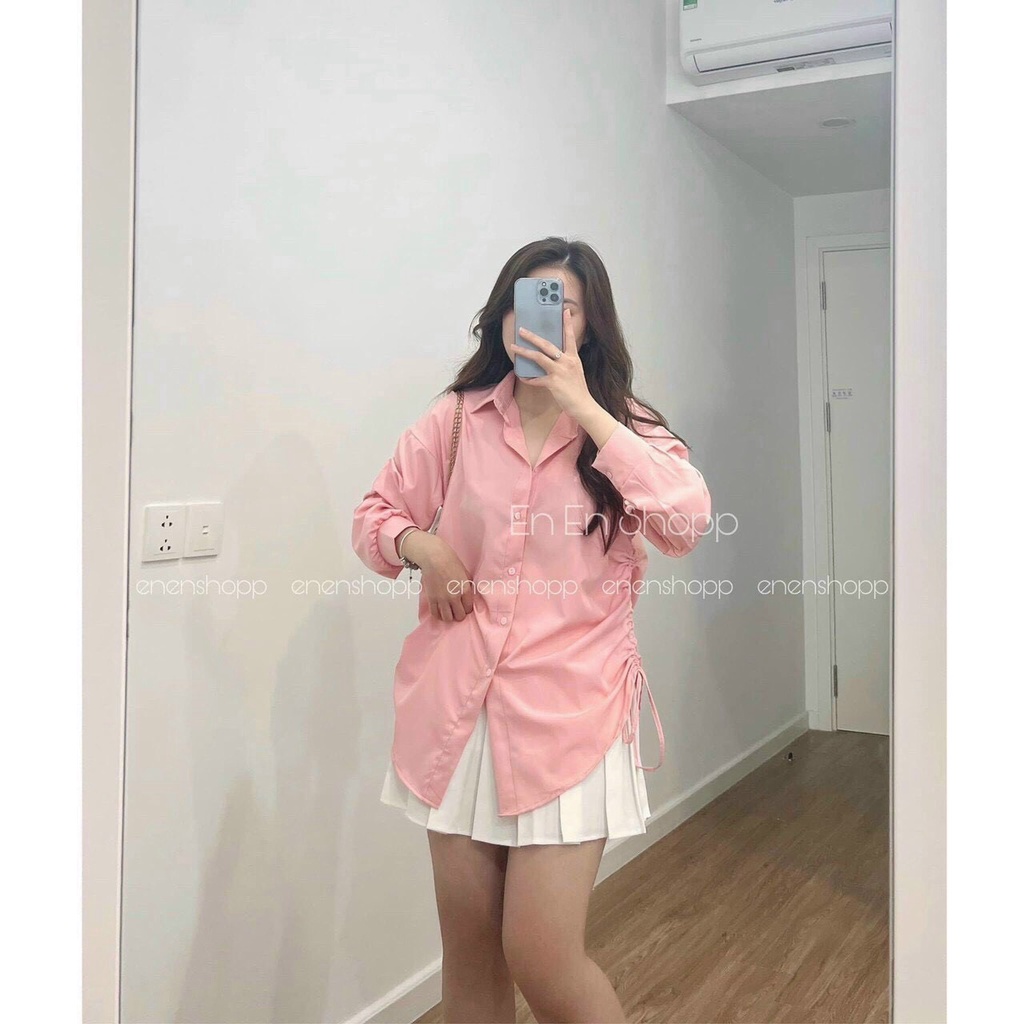 ( MIỄN PHÍ SHIP 2022) Áo sơ mi nữ trơn màu basic, sơ mi from rộng rút dây hông tay dài đi học đi làm xinh xắn