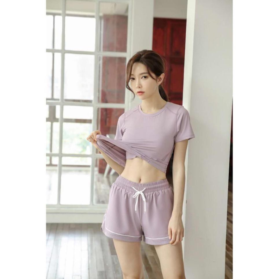 A [Emma] Set Đùi Angle [ẢNH THẬT] Bộ đồ tập, Áo có tay + Quần đùi 2 lớp Emma - Đồ tập gym cao cấp