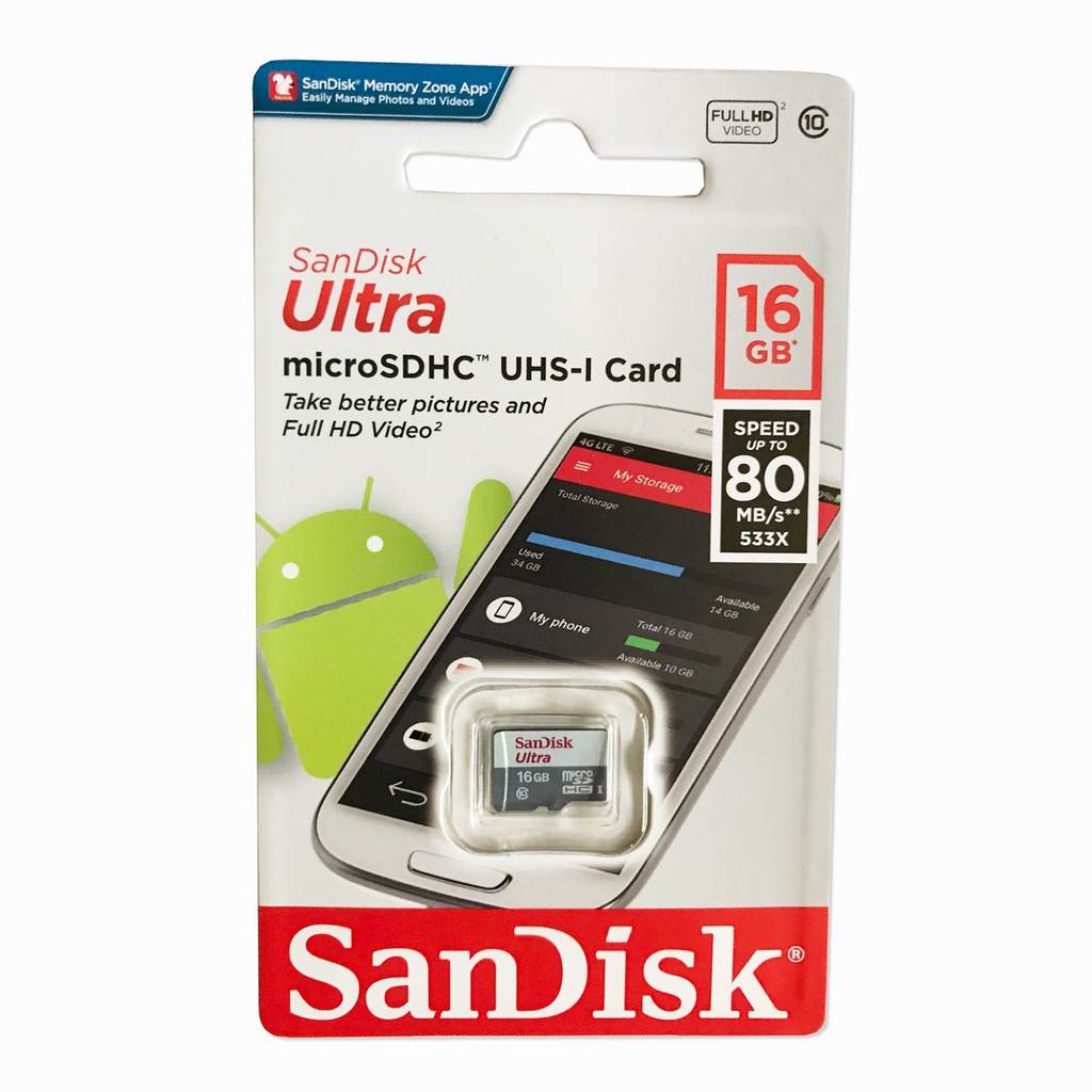 Thẻ nhớ MicroSD 16Gb Sandisk Ultra 80MB/s 533x - Hàng chính hãng.