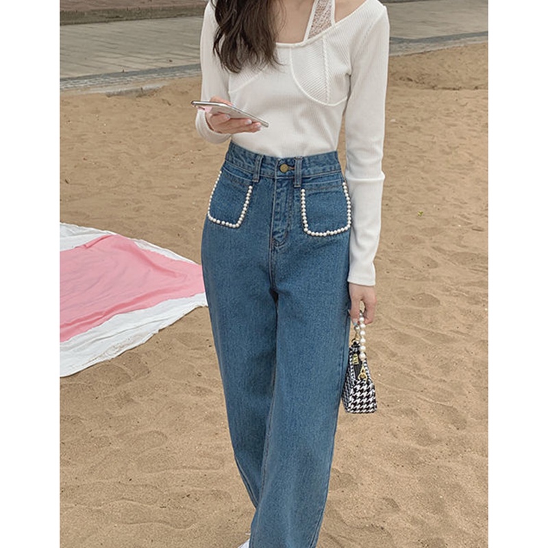Quần jean dài IELGY ống đứng lưng cao phong cách retro đính hạt ngọc trai nhân tạo phong cách Hàn Quốc cho nữ