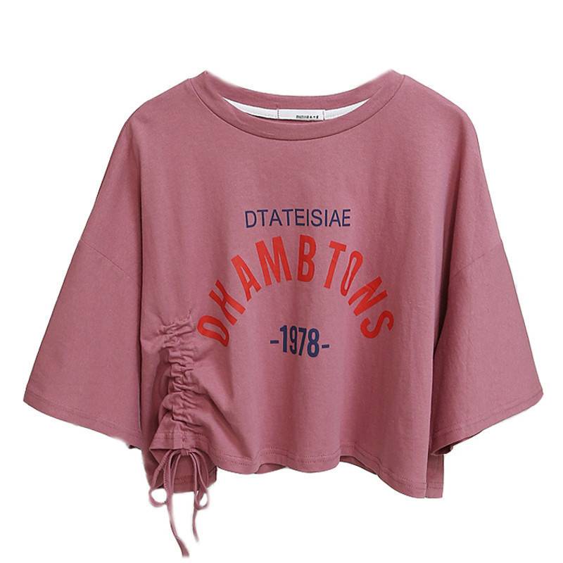 Áo thun croptop tay ngắn thiết kế dây rút in họa tiết trẻ trung thời trang dành cho nữ | BigBuy360 - bigbuy360.vn
