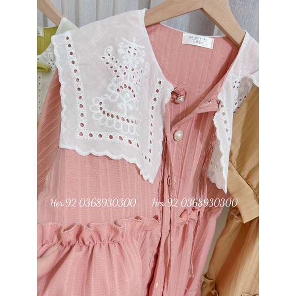 Đầm Babydoll Cổ Phối Ren Siêu Xinh, Đầm Bầu Xinh Nút Ngọc