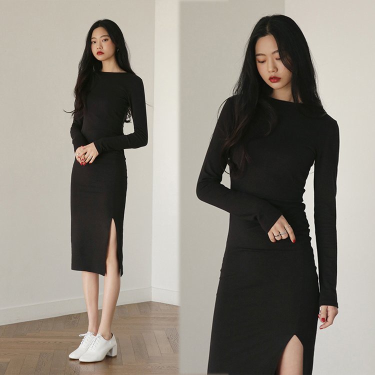 Váy Len Nữ Dáng Dài Suông Đầm Len Cổ Lọ, Đầm Body Nữ Len Tăm Dài Tay Cao Cấp Xẻ Tà -O'Hana Clothings V020
