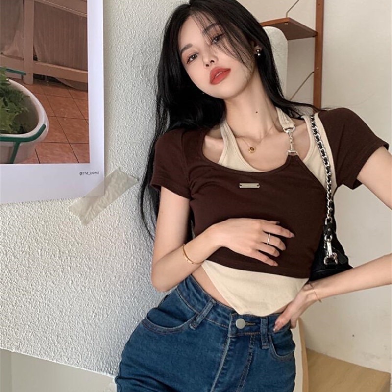 Áo Thun Croptop Giả Hai Dây Kiểu Xích Phong Cách Thời Trang Hàn Quốc 2022 Cho Nữ