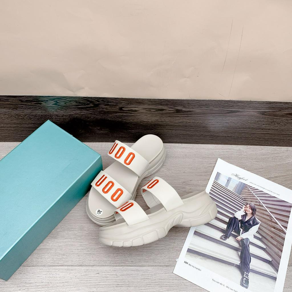 Dép 2 quai ngang nữ thêu chữ UOO đế cao siêu nhẹ êm chân cao cấp 2023 2 màu HERMOOD