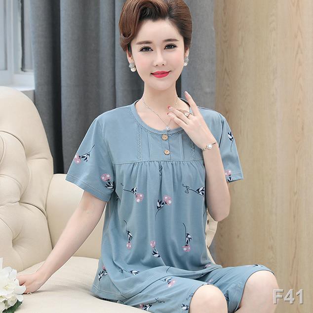 Đồ ngủ dành cho mẹ, quần dài ngắn tay bằng vải cotton phụ nữ, người trung niên và già cộng với size áo mỏng phục