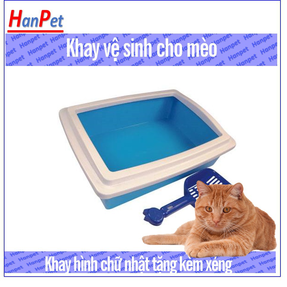 Hanpet.GV- Khay vệ sinh mèo, Khay đựng cát vệ sinh cho mèo chữ nhật có gờ chống bắn + tặng kèm 1 xẻng màu ngẫu nhiên