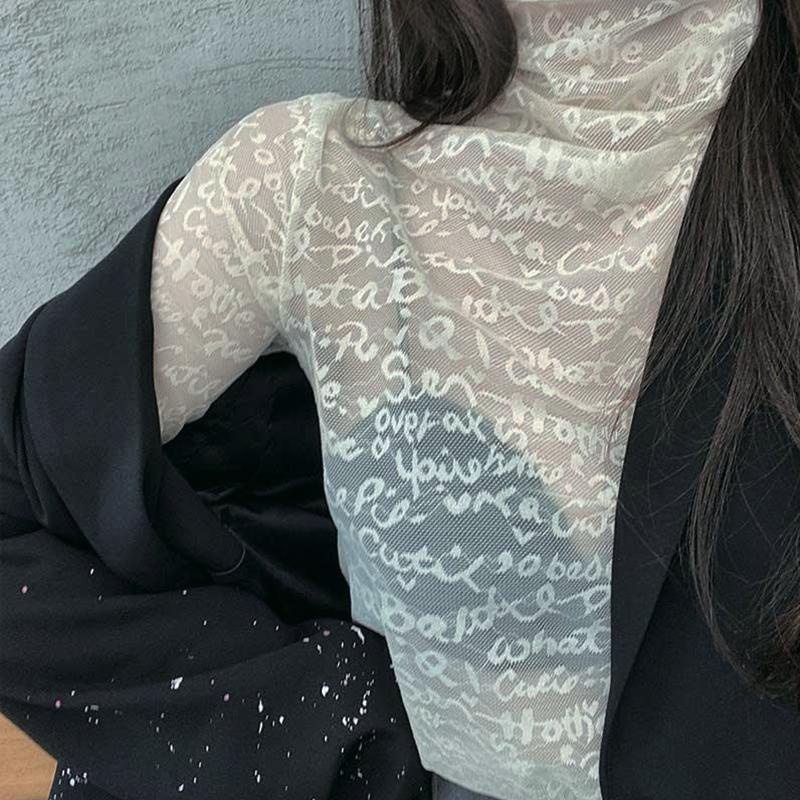 Áo sơ mi kiểu lưới nhìn thấu in chữ thời trang phương Tây thoáng khí cho nữ