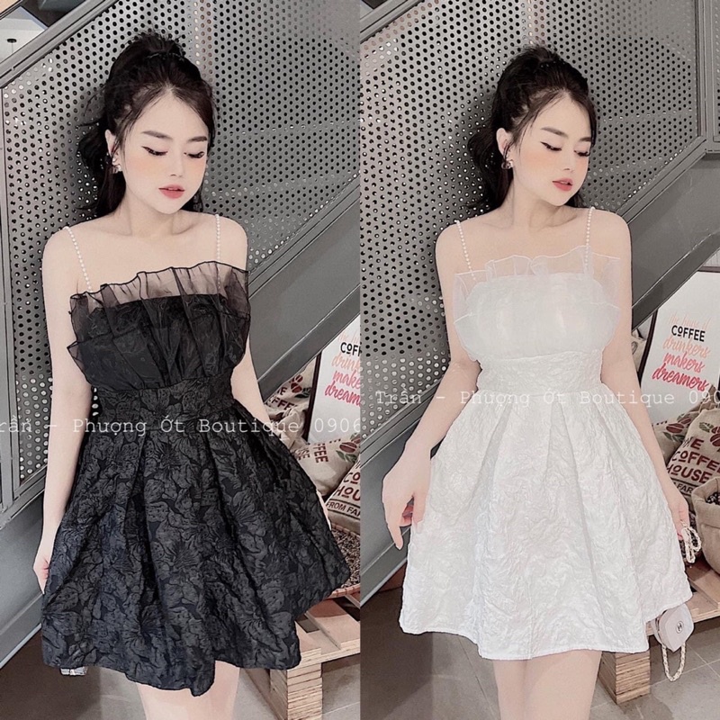 Váy Gấm Xốp 2 Dây Ngọc 2Màu Đen Trắng