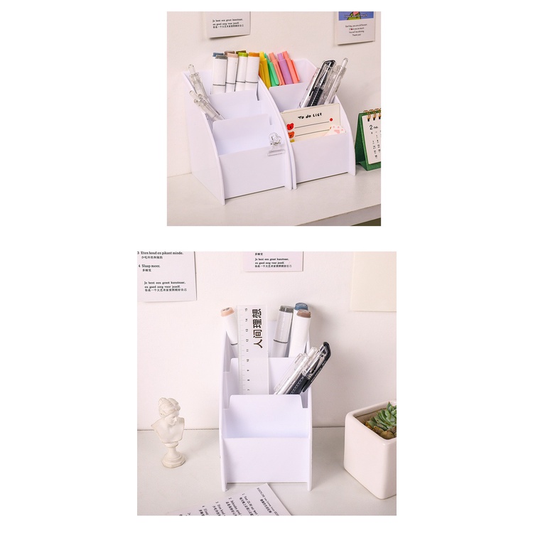 Hộp đựng bút hình thang 3 ngăn để bàn - Kệ lưu trữ đựng đồ dùng, dụng cụ học tập, decor góc làm việc - Kèm STICKER