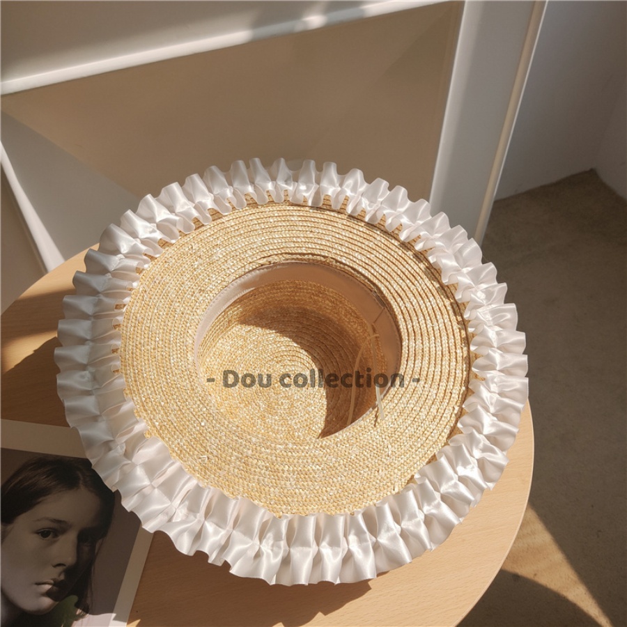 [NowShip2h] Nón Cói (Mũ Cói) Rơm Raffia Sợi Tự Nhiên Xếp Ly Ren Phối Dây Hạt Trắng Chống Nắng Đi Biển - Mã NC024