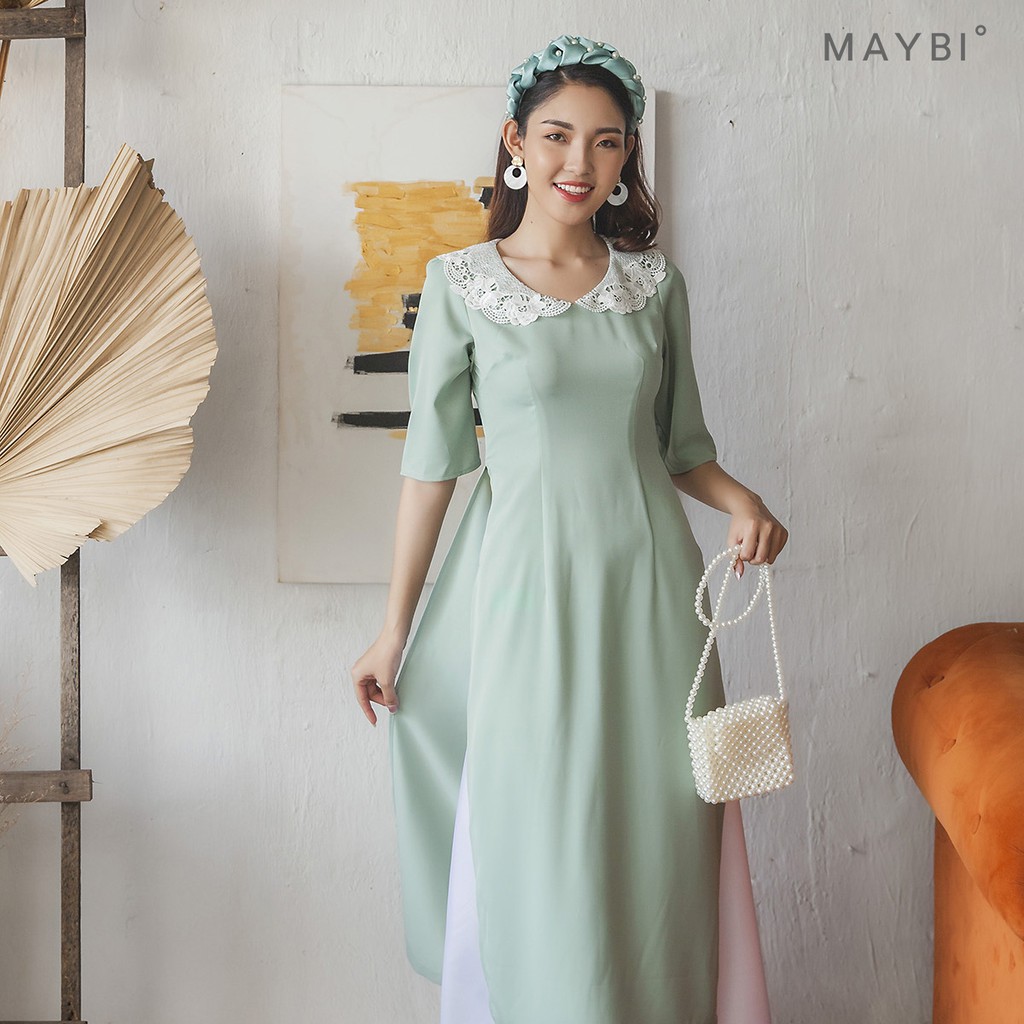 Áo dài Maybi ôm xanh mint phối cổ ren trắng