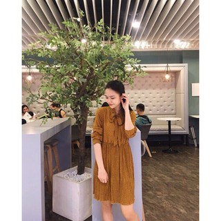 Đầm chấm bi dập ly cổ cột nơ