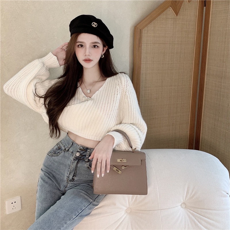 Áo kiểu tay dài phồng cổ chữ V form rộng thời trang mùa thu dễ phối đồ