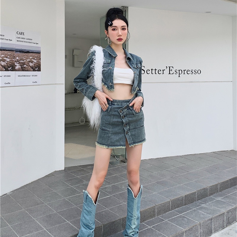 Set Áo Khoác Jeans Dài Tay + Chân Váy Jeans Thời Trang Nữ