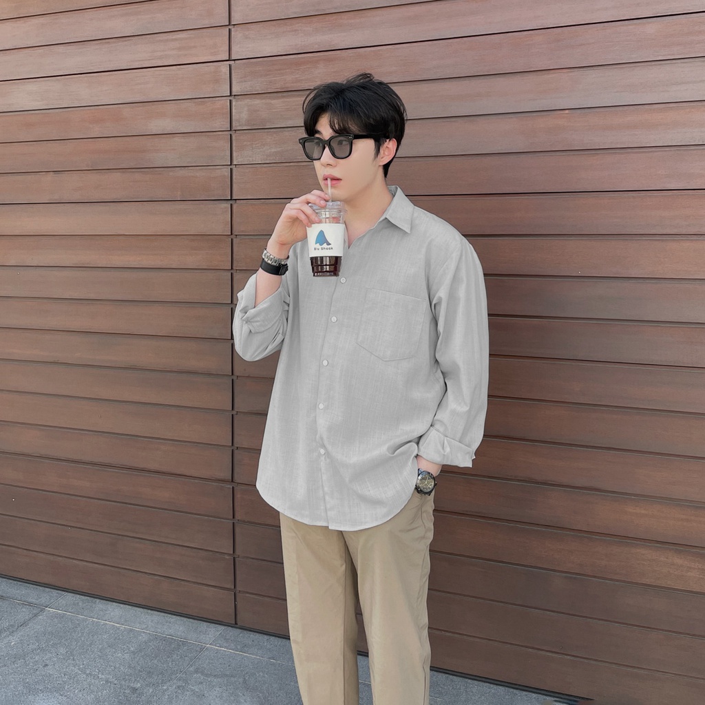 Áo sơ mi dài tay form rộng hàn quốc cổ bẻ, vải linen mềm mại, thấm hút mồ hôi tốt - SEOUL