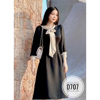 60-90kg [Ảnh thật] Bigsize ĐẦM ĐEN CỘT NƠ D707