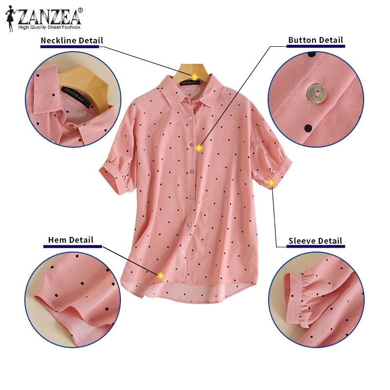 Áo sơ mi Zanzea tay ngắn cổ bẻ họa tiết chấm bi phong cách vintage dành cho nữ