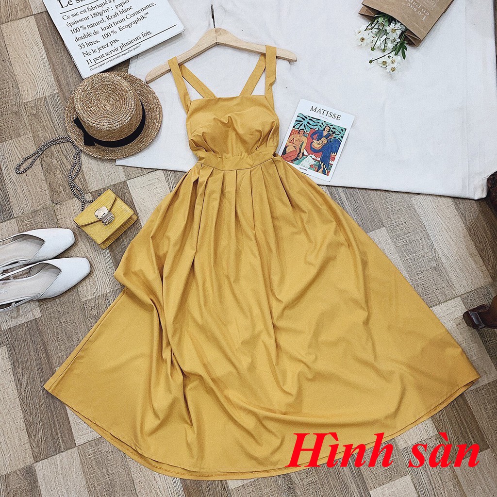 Đầm váy nữ dự tiệc maxi màu vàng 2 dây chéo lưng kèm băng đô đi biển xinh đẹp chất Lụa mềm mại