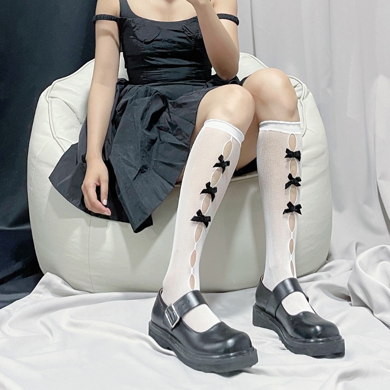 Xiangbao Tất Nhung Dài Qua Gối Đính Nơ Nhỏ Nhiều Màu Sắc Khoét Lỗ Rỗng Kiểu Lolita Cho Nữ