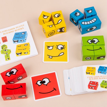 Đồ chơi Boardgame xếp hình thay đổi biểu cảm khuôn mặt bằng gỗ theo thẻ mẫu cho bé thông minh